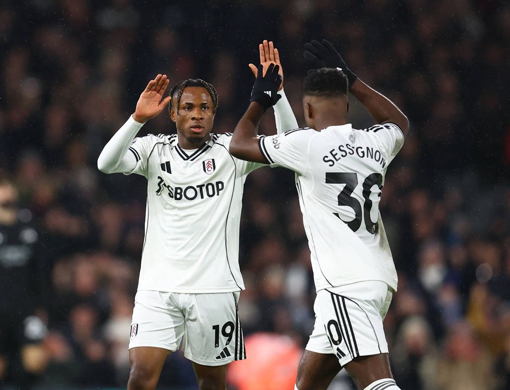 Samuel Chukwueze celebrates scoring their fourth goal during the Fulham vs Manchester City