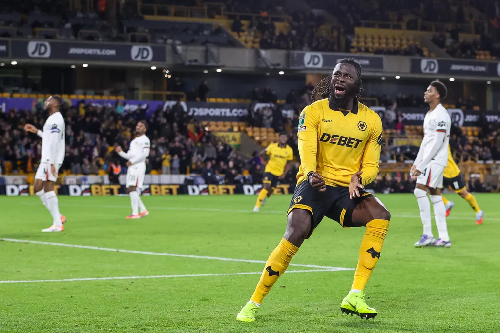 Tolu Arokodare celebrates the goal during the Carabao Cup Quarter Final tie between Wolverhampton Wanderers and Chelsea