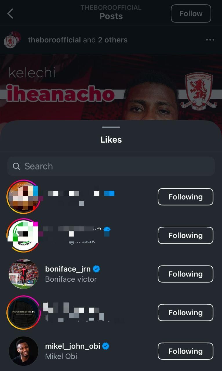 Victor Boniface and Mikel Obi likes Iheanacho's post