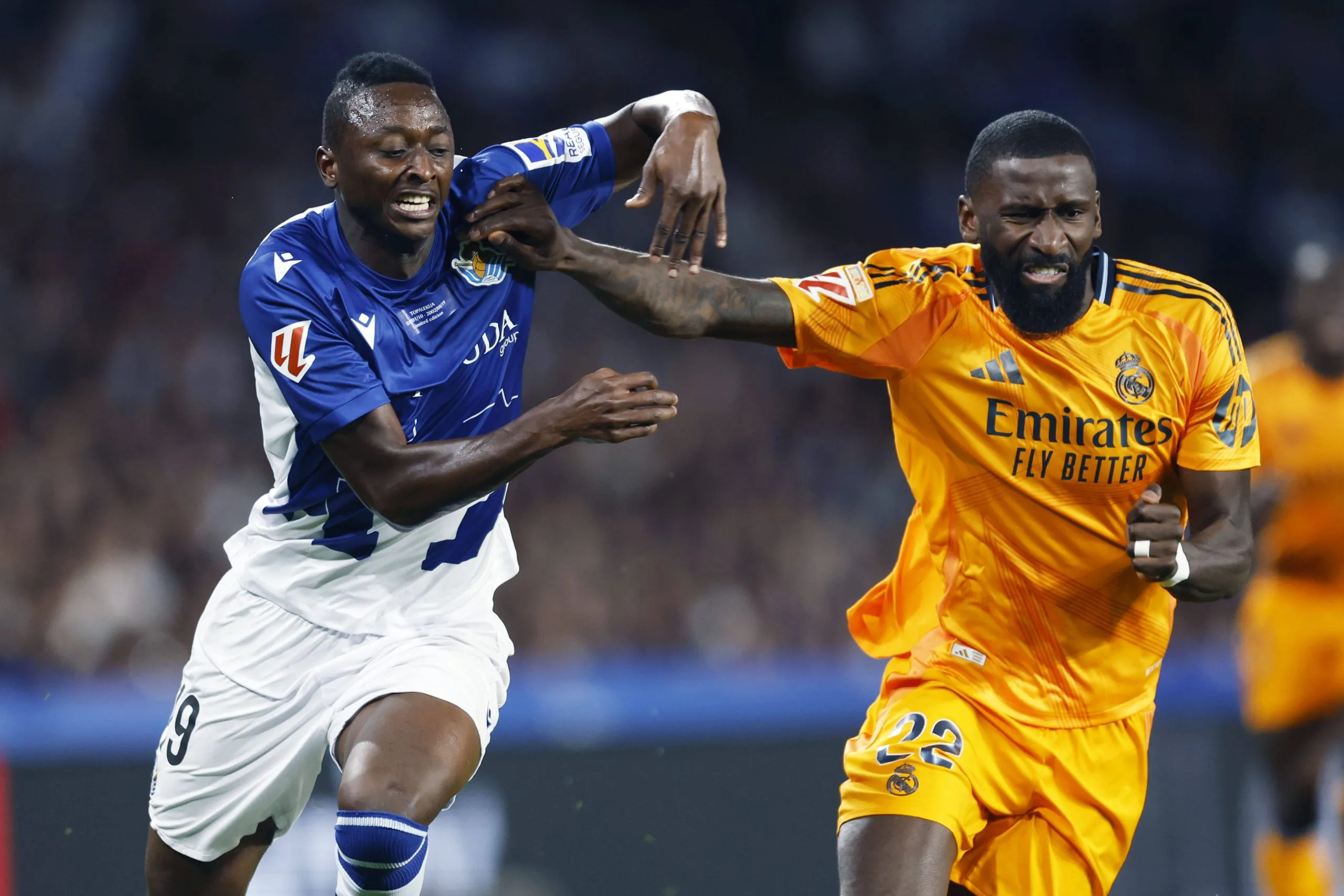 Umar Sadiq and Antonio Rudiger Spanish La Liga EA Sports match between Real Sociedad 0-2 Real Madrid at Reale Arena in San Sebastian, Spain