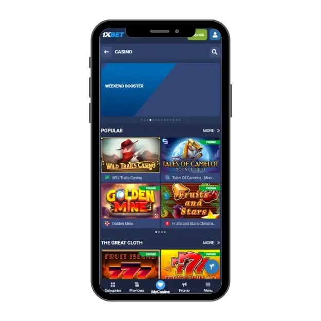 1xBet casino on mobile with clear menu and popular games in front. 