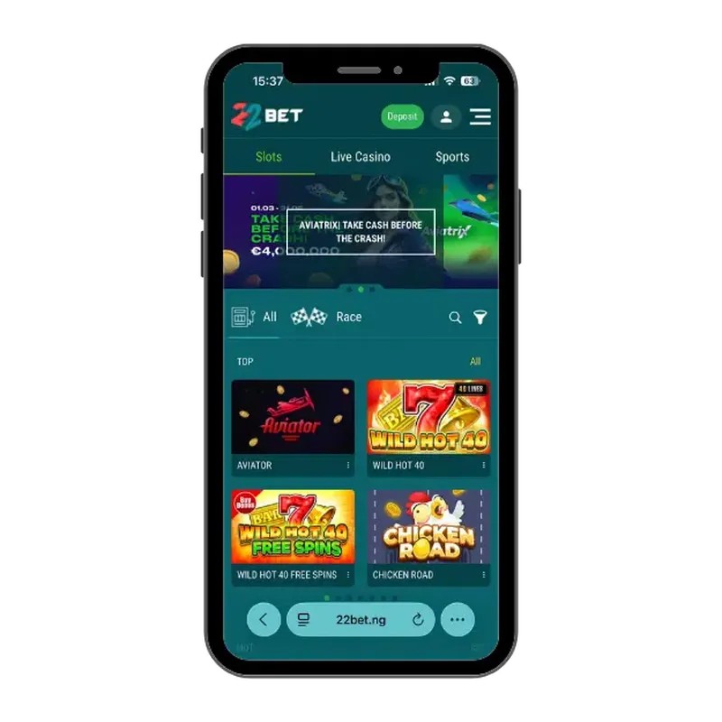 22bet mobile casino with TOP games and tabs for slots, live casino, and sports.