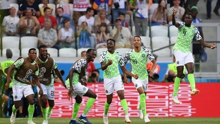 Simy Nwankwo and his Super Eagles teammates celebrating a goal at the 2018 FIFA World Cup