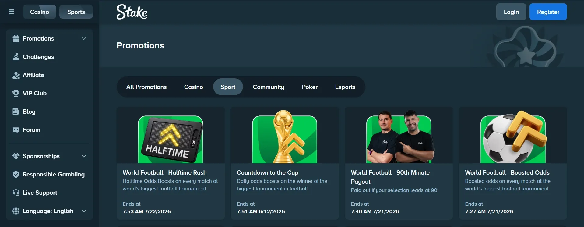 Stake promotions page showing current World Cup offers.