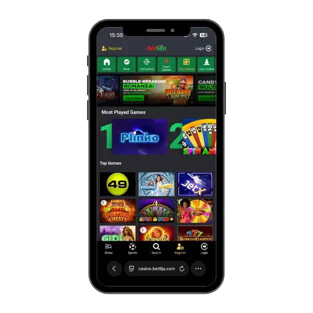 Bet9ja mobile casino home page with categories and main menu bar on the bottom