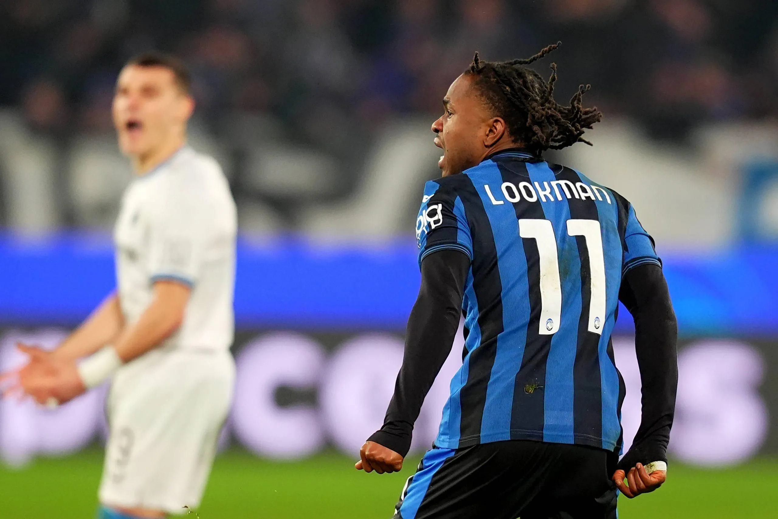 Atalanta s Ademola Lookman celebrates after scoring 1-3 during the Uefa Champions League soccer match between Atalanta BC and Club Brugge