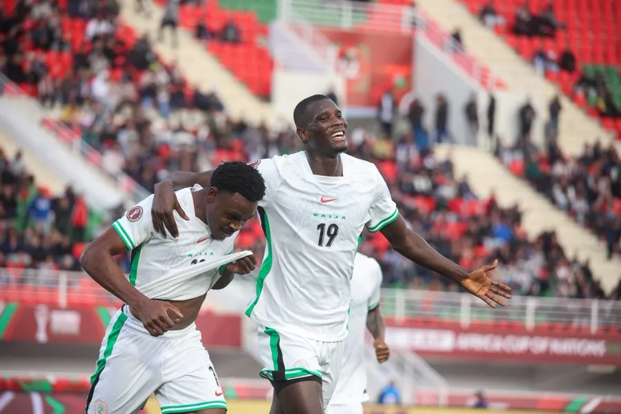 Paul Onuachu celebrates Super Eagles goal with Fisayo Dele-Bashiru