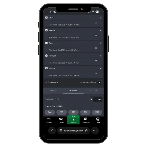 Bet9ja bet slip with World Cup group winners and World Cup betting odds.