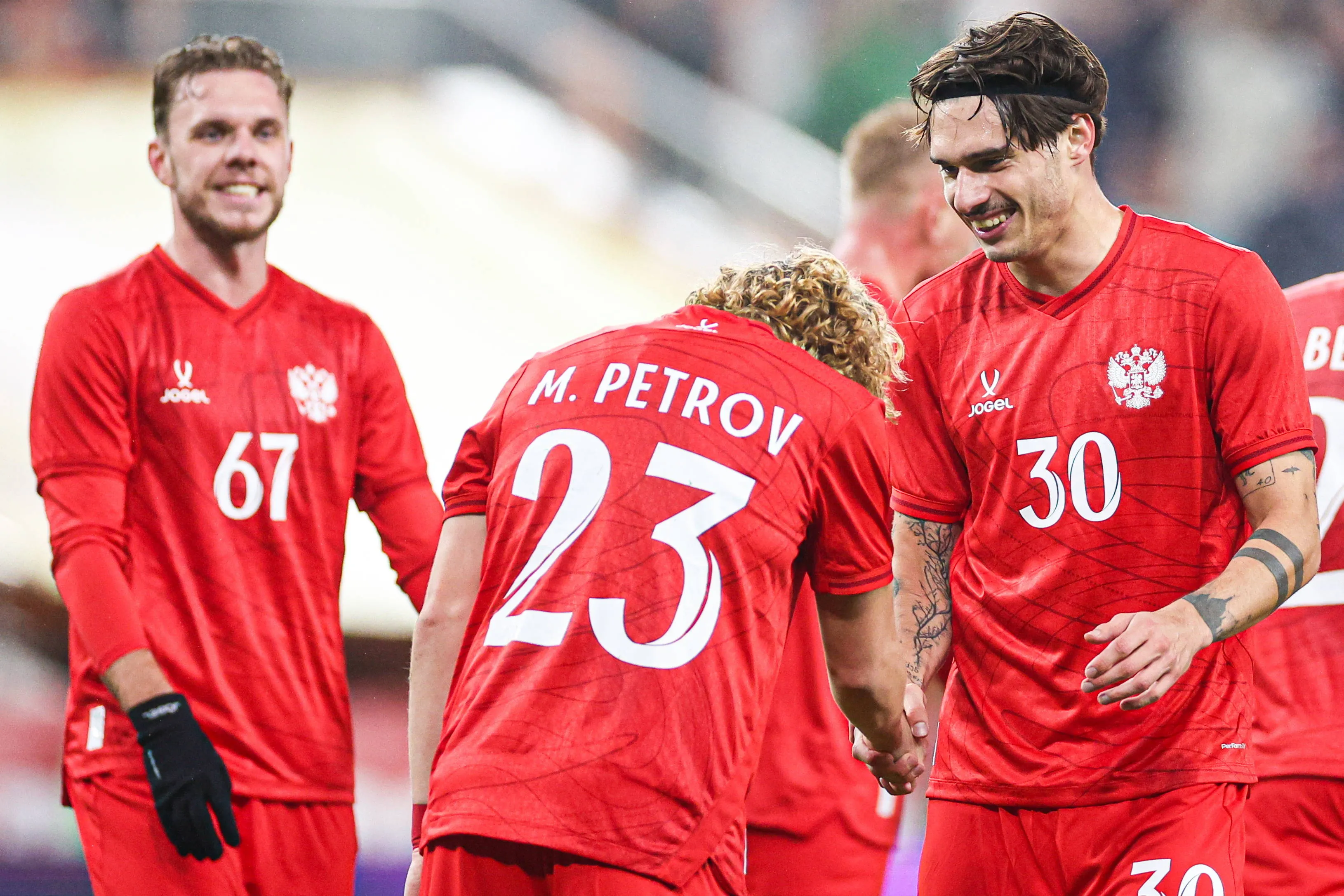 Russia players celebrate a goal in the match against Namibia