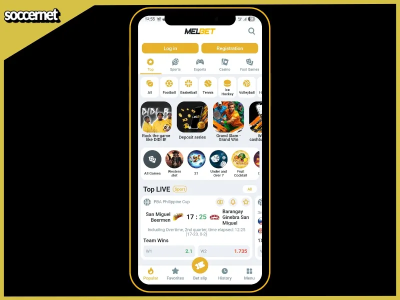 Melbet app interface for new users and a clear look at the homepage.