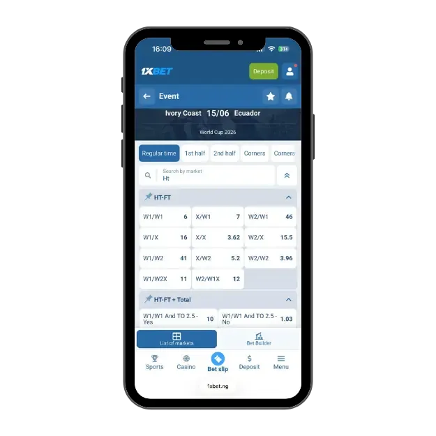 1xBet HT/FT betting options and odds, illustrating the home/away halftime/fulltime meaning in betting.
