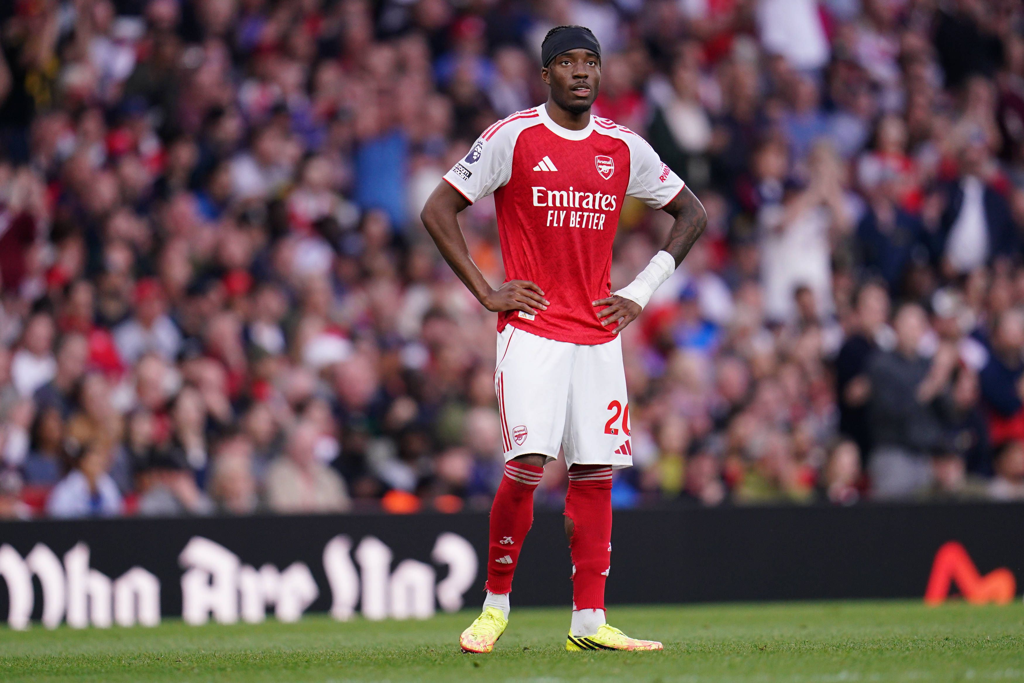 Noni Madueke of Arsenal during the Premier League match between Arsenal and Fulham at Emirates Stadium in London.