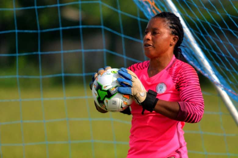 EPE, NIGERIA - NOVEMEBER 1,2018: Tochukwu  Oluehi of Nigeria during a friendly match between Super Falcons of Nigeria and Dominion Hotspur Fc of Nigeria in preparation for Africa Women Cup of Nations at Athlantic Hall on November 01, 2018 in Epe,Nigeria. (Photo by Segun Ogunfeyitimi/Gallo Images)