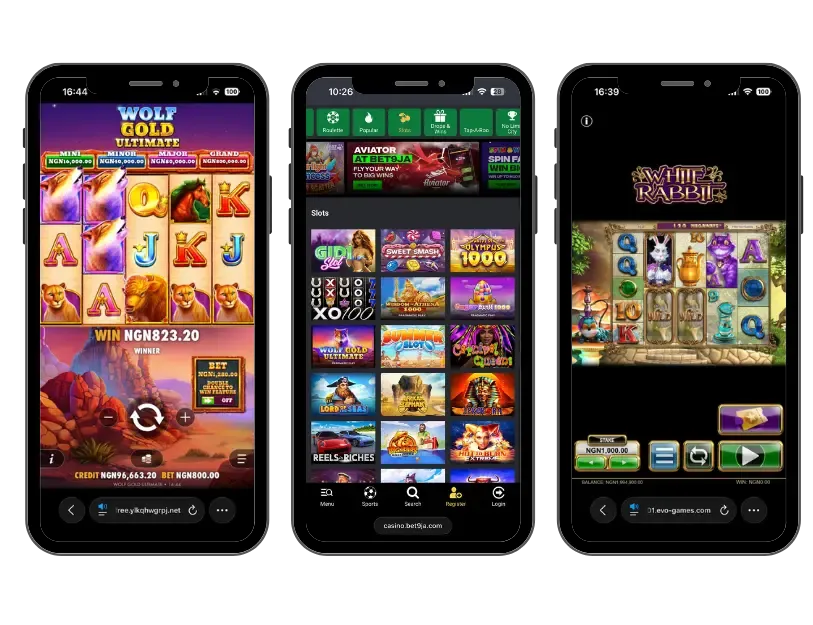 Slot homepage on Bet9ja casino with White Rabbit and Wolf Gold game screens