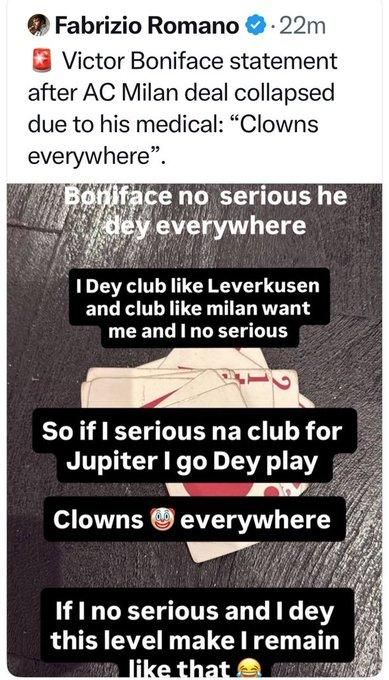 Fabrizio Romano shares Victor Boniface's post with a misleading caption