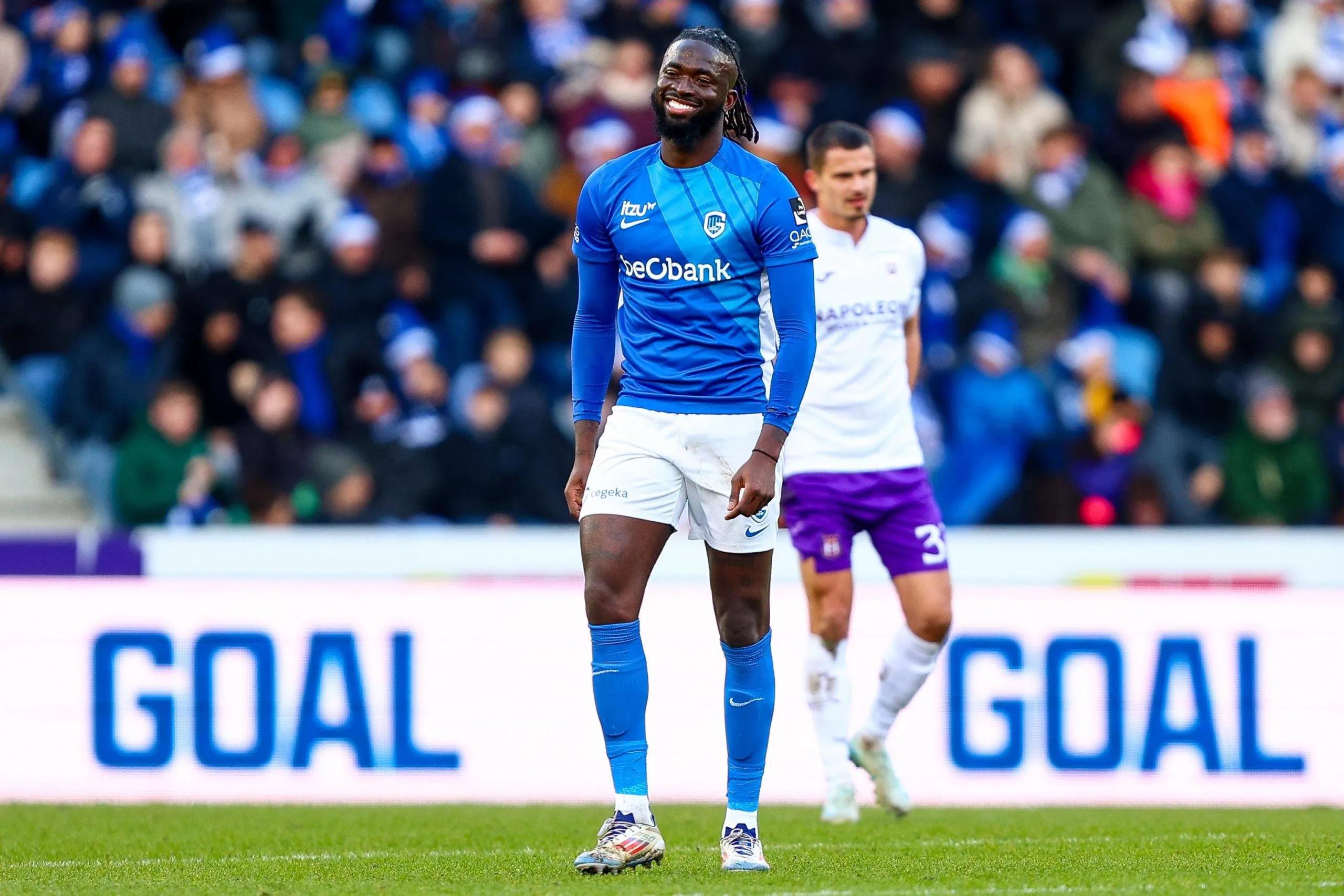 Tolu Arokodare after scoring the 1-0 goal during the Jupiler Pro League match between KRC Genk and RSC Anderlecht