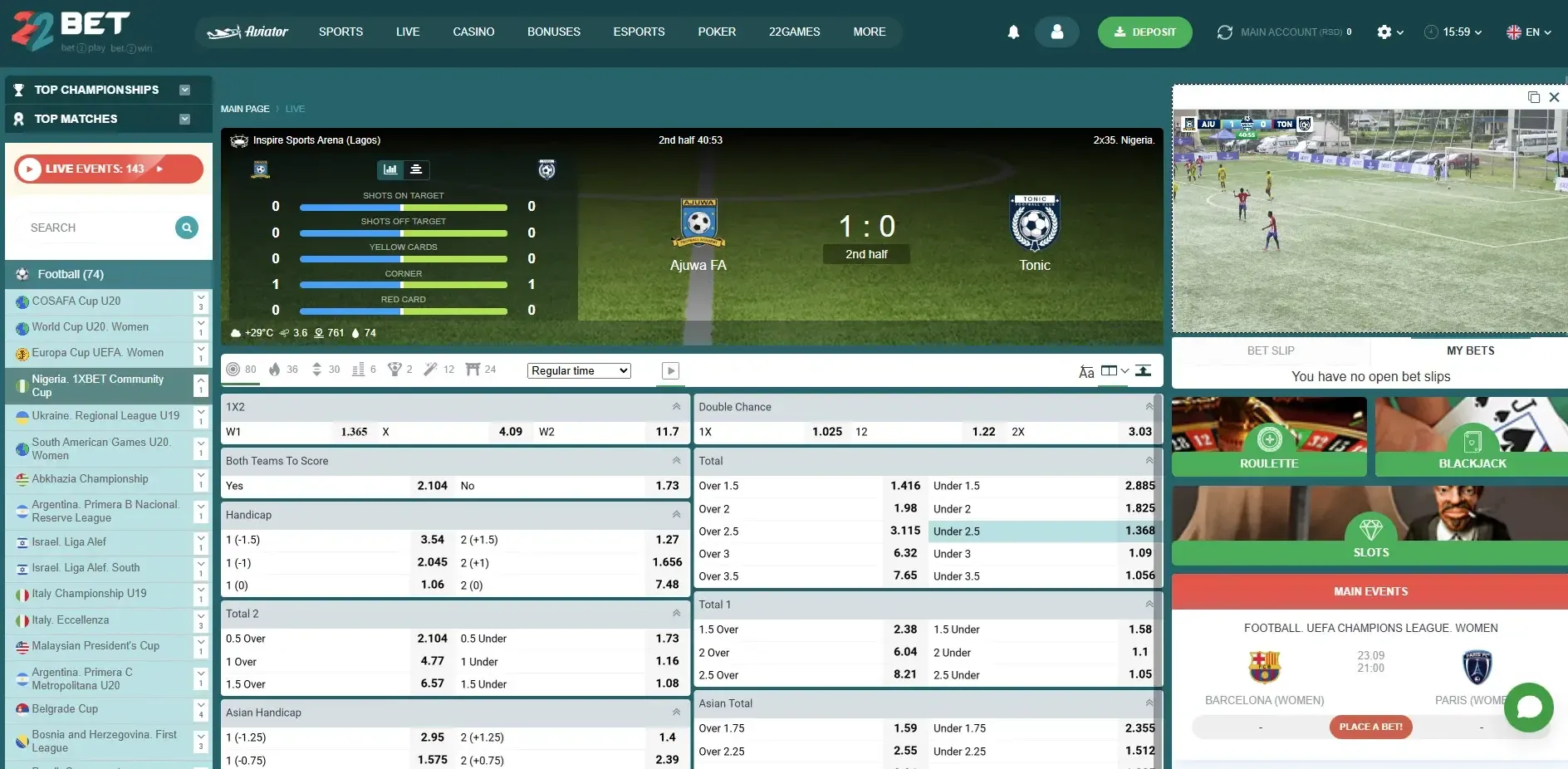 22bet live betting with live streams