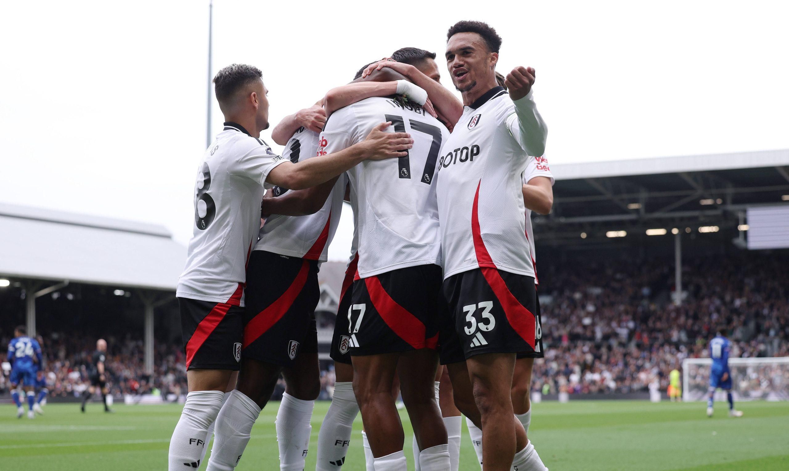 Alex Iwobi of Fulham celebrates after scoring the opening goal during the Fulham vs Chelsea Premier League