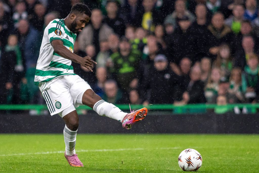 Kelechi Iheanacho breaks free and scores only for VAR to later disallow the goal for handball during the UEFA Europa League 2025/26, Celtic FC vs SC Braga, Celtic Park, Glasgow, country