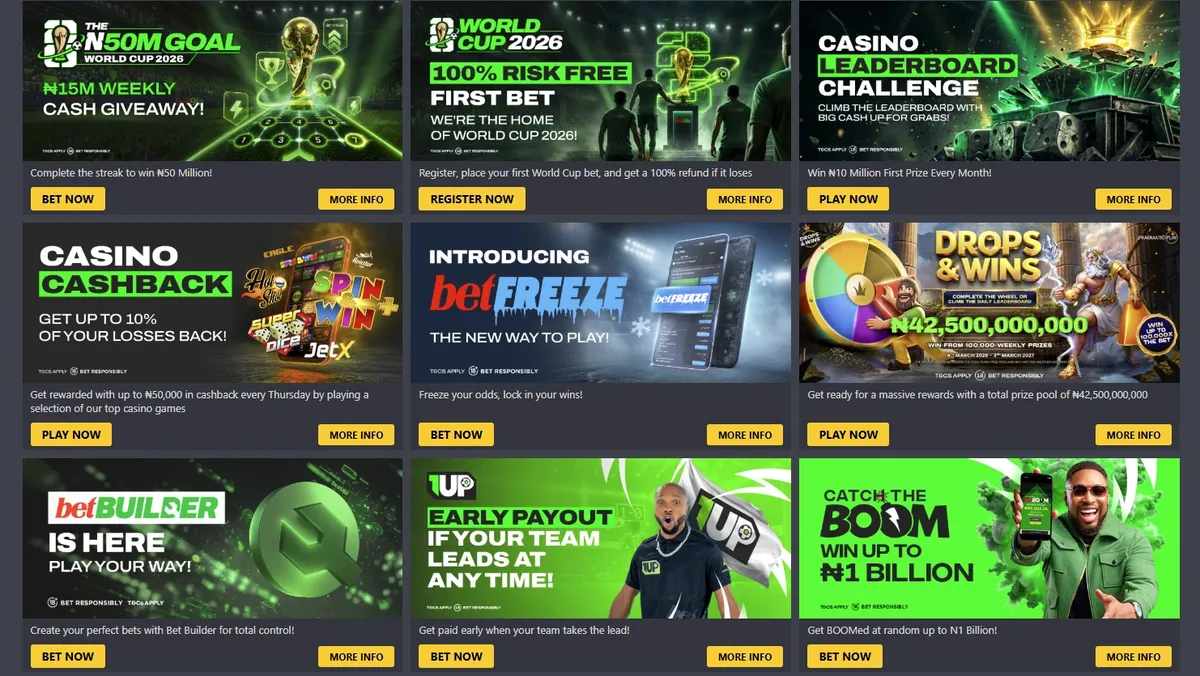 Bet9ja promotion page showing different sports and casino bonuses for bankroll management in betting.