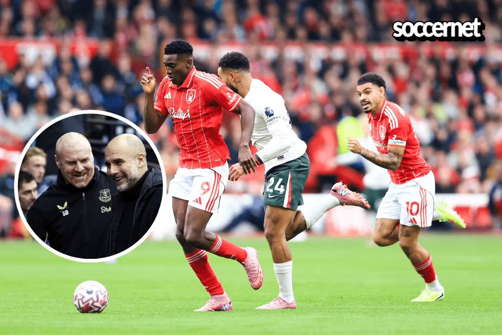 Taiwo Awoniyi in action for Nottingham Forest in their Premier League clash against Chelsea, alongside two coaches, Sean Dyche and Pep Guardiola