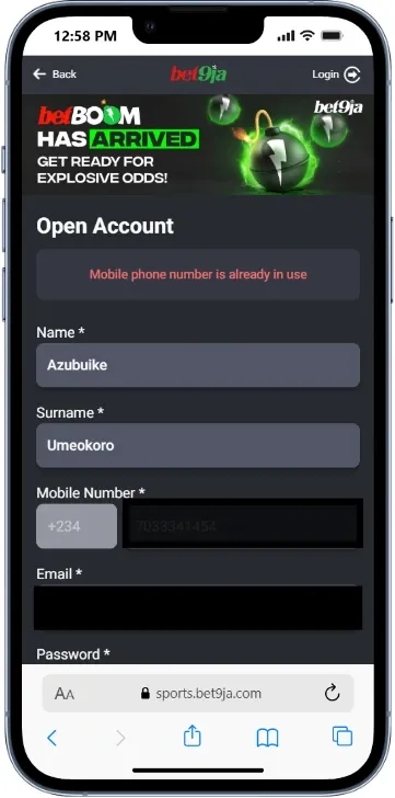 Bet9ja registration form showing the error message "Mobile phone number is already in use" after entering an existing phone number.