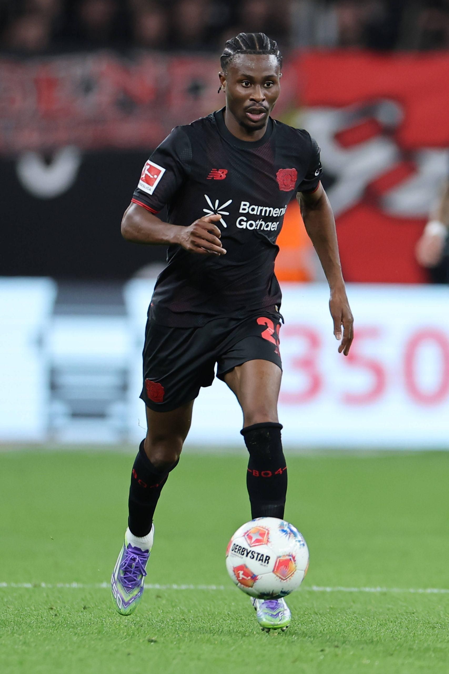 Nathan Tella in action for Bayer Leverkusen