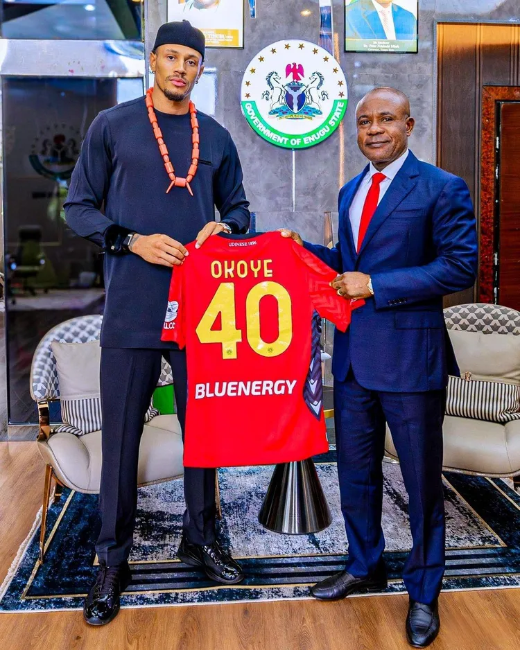 Super Eagles goalkeeper Maduka Okoye and Gov Peter Mbah 