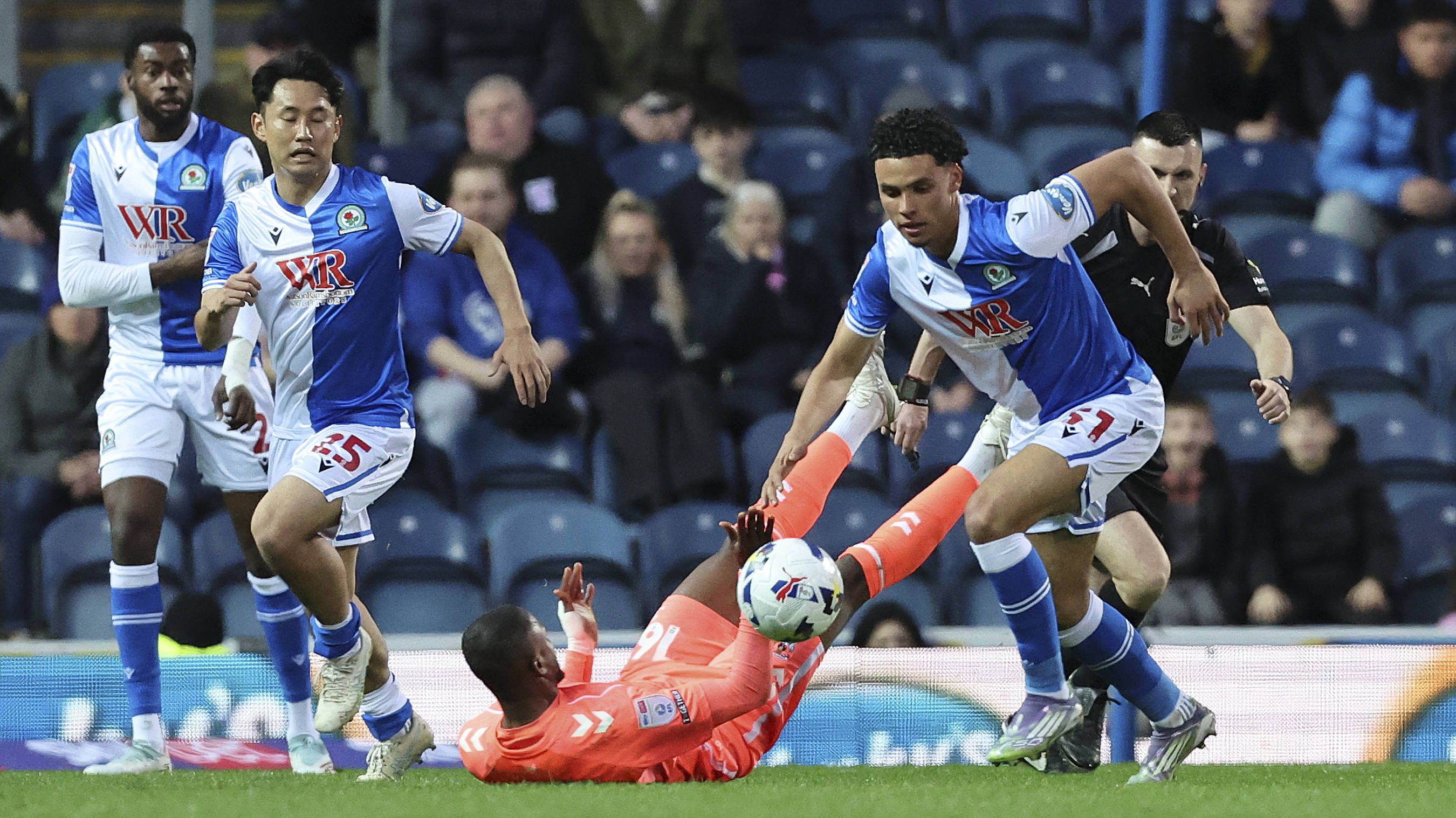 Kristi Montgomery 31 beats Coventry City midfielder Frank Onyeka 16 during the EFL Sky Bet Championship match between Blackburn Rovers and Coventry City at Ewood Park, Blackburn