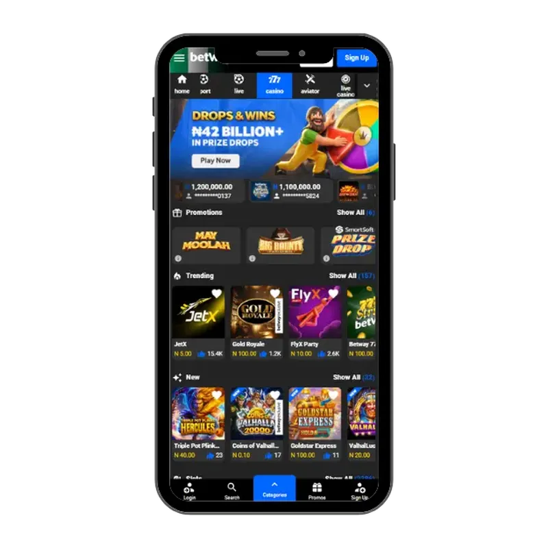 Betway casino site on mobile with bottom categories and trending games.