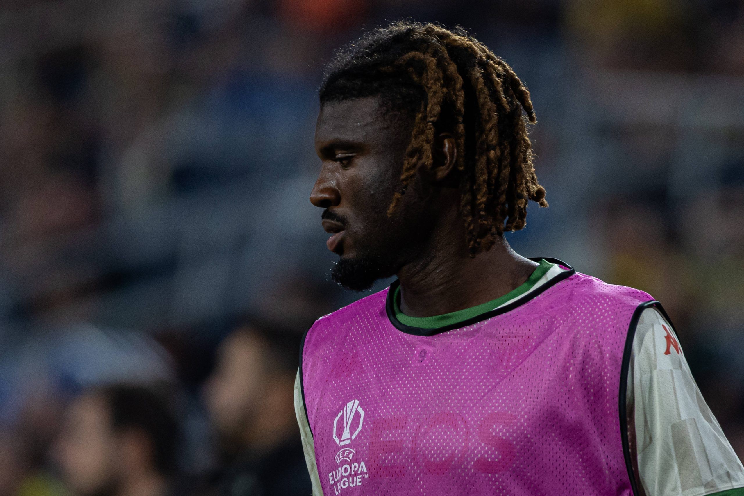 Terem Moffi for OGC Nice warms up during the match