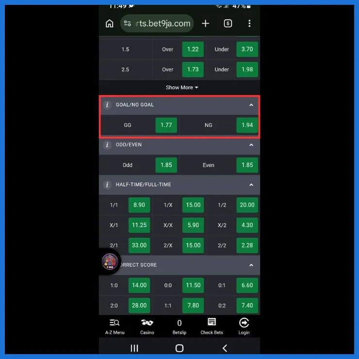 BTTS meaning illustrated using Trinidad and Tobago vs Gabon on Bet9ja. “GG” offered at 1.77 odds and “NG” at 1.94 odds, highlighted by a red box.