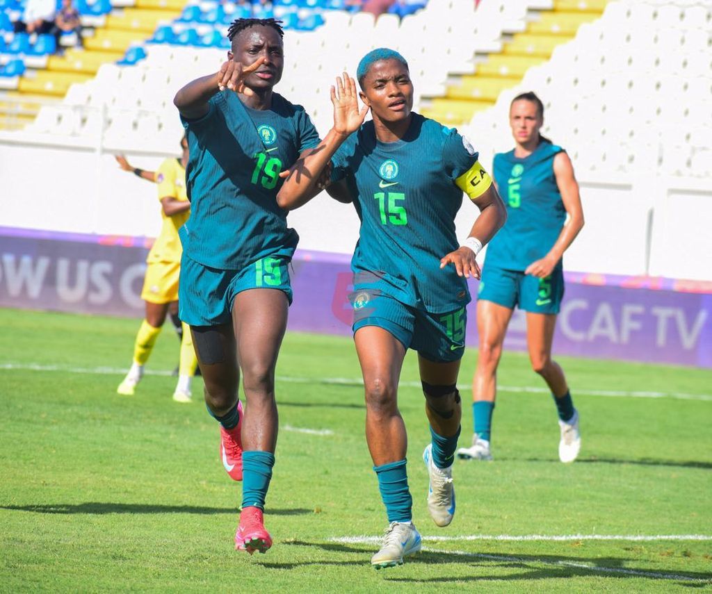 Rasheedat Ajibade celebtrates after scoring for the Super Falcons of Nigeria against South Africa.