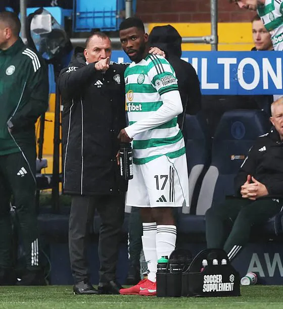 Celtic forward Kelechi Iheanacho and manager Brendan Rodgers 