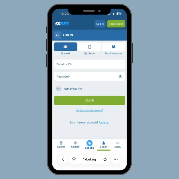1xbet login page with Email or ID and password fields.