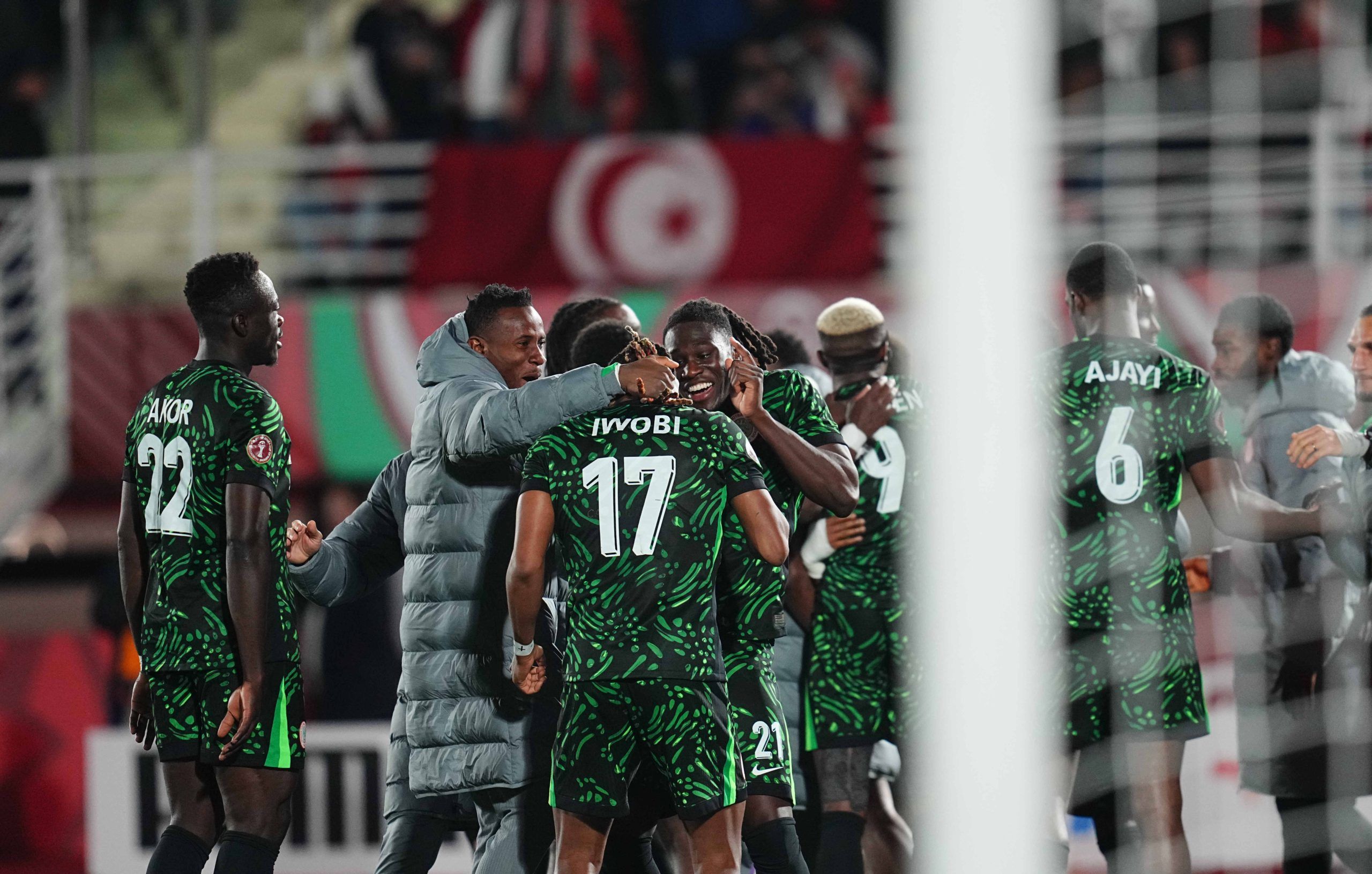 Calvin Chinedu Bassey, and Alexander Chuka Iwobi celebrate during the Africa Cup Of Nations match between Tunisia and the Super Eagles of Nigeria