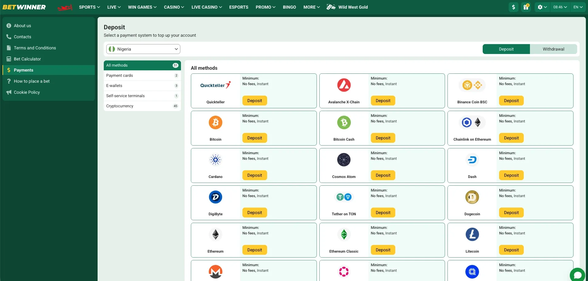 Betwinner Nigerian payment methods