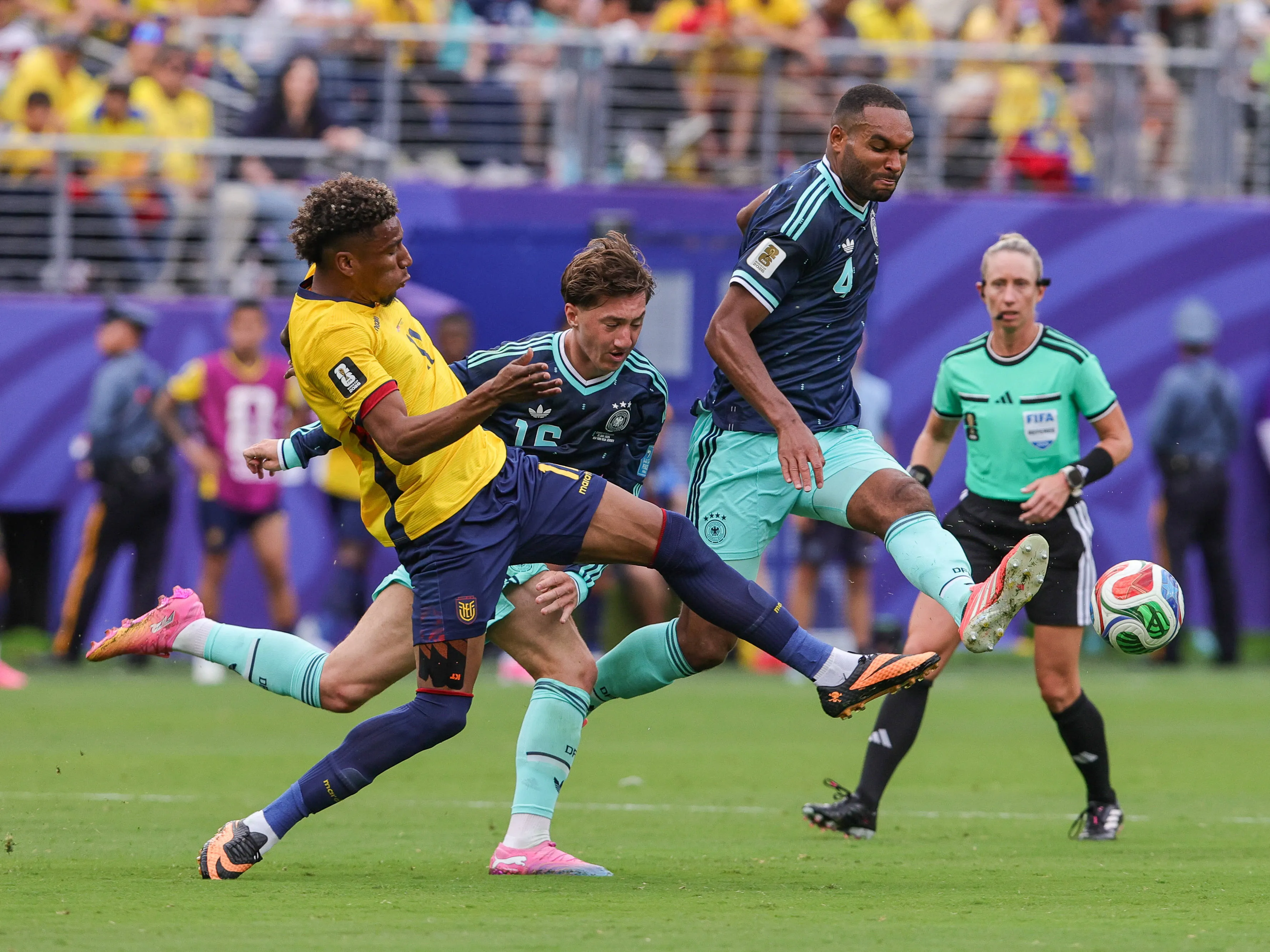   Germany defender JONATHAN TAH 4 kicks the ball while Ecuador forward KEVIN RODRIGUEZ