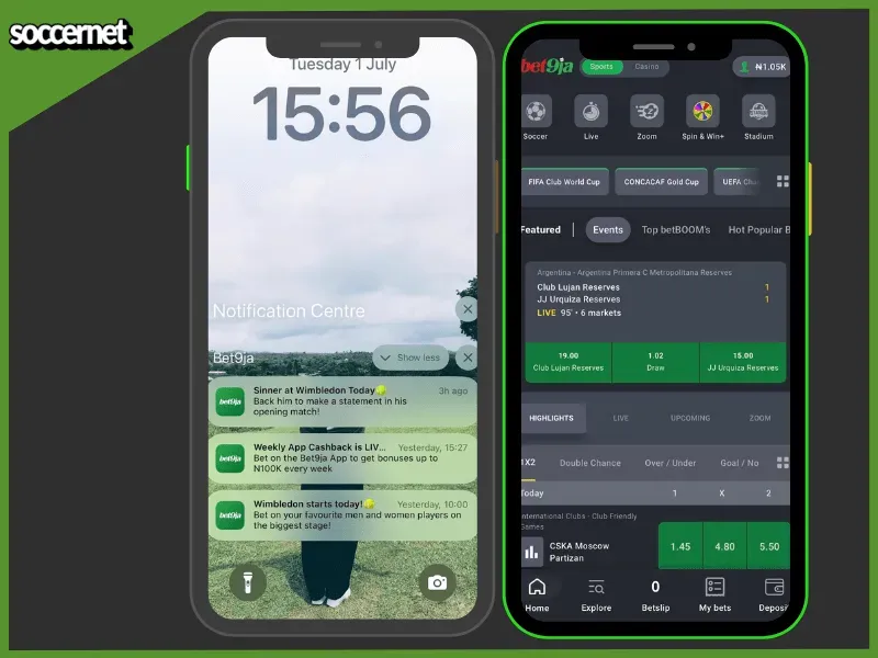 Bet9ja app mobile features on the side.