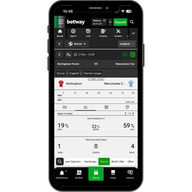Betway match statistics and insights feature inside a match