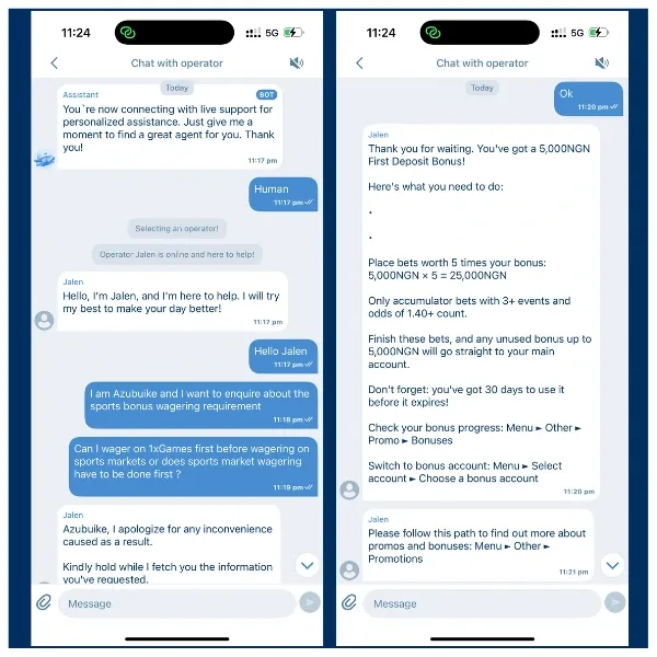 Live chat conversation with 1xBet support explaining how to wager the promo code sports bonus during customer assistance chat.