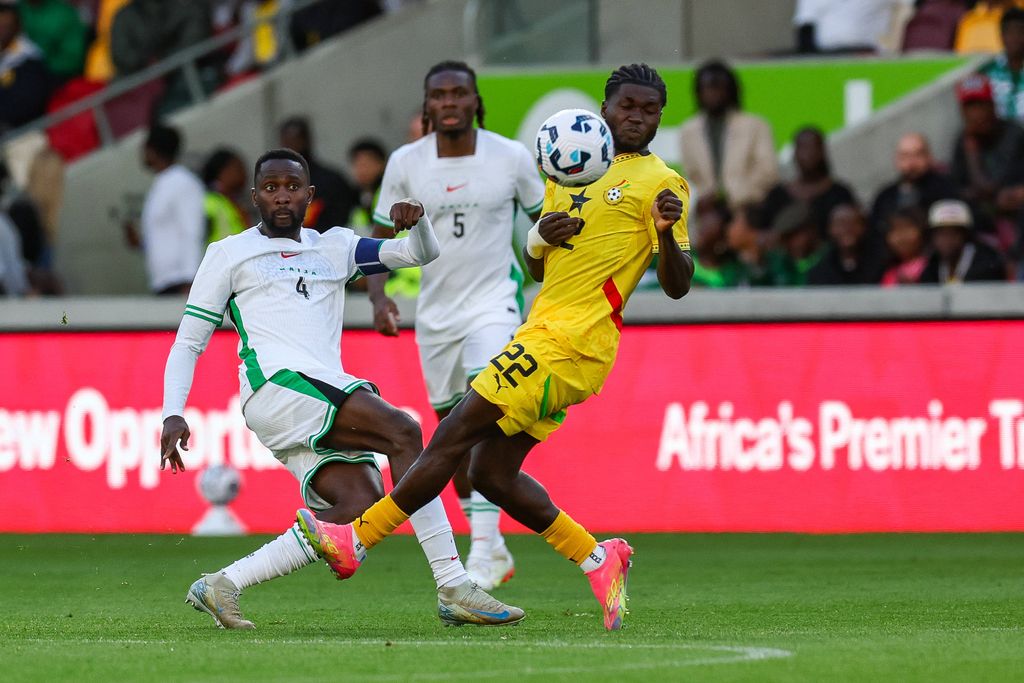 Wilfried Ndidi, Igoh Ogbu and Christophere Bonsu Baah during the Unity Cup London 2025 match between Ghana and Nigeria at Gtech Community Stadium, Brentford, England