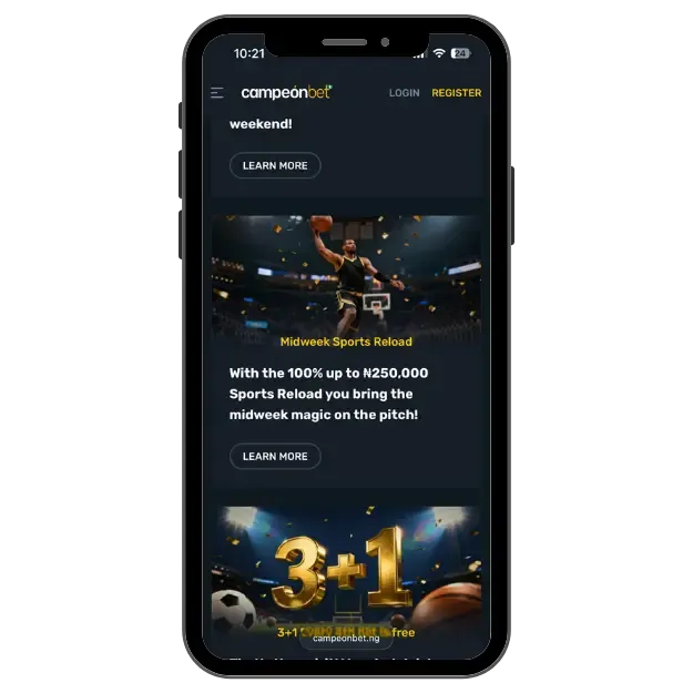 Campeonbet mobile site showing the Midweek Sports Reload bonus promotion with a 100% reload up to ₦250,000.