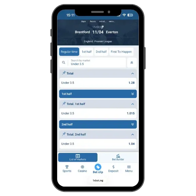1xBet betting market showing under 3.5 odds for full time, first half, and second half in Brentford vs Everton match