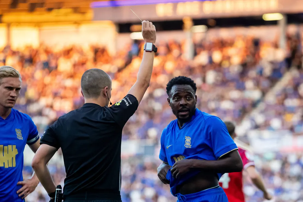 Bright Osayi-Samuel booked during the EFL Sky Bet Championship match between Birmingham City and Ipswich Town