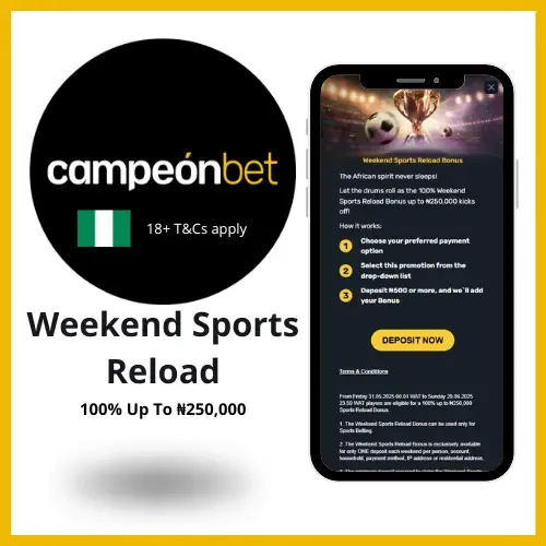Cameponbet weekend sports reload offer where players get 100% up to 200,000 NGN.