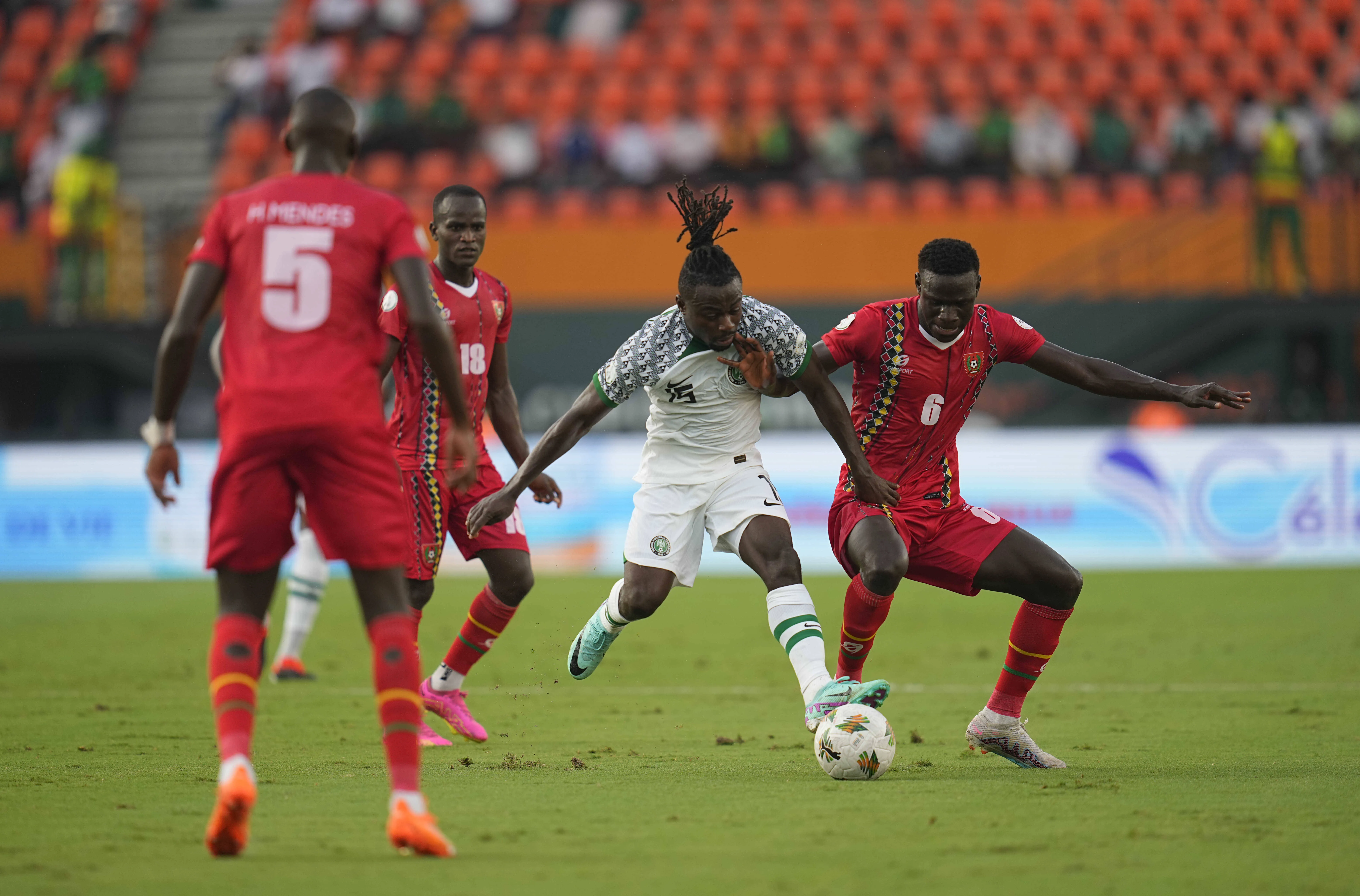 Moses Simon Nigeria and Fernando De Lacerda Gomes Guinea Bissau battle for the ball during a African Cup of Nations Group A game, Nigeria vs Guinea-Bissau.