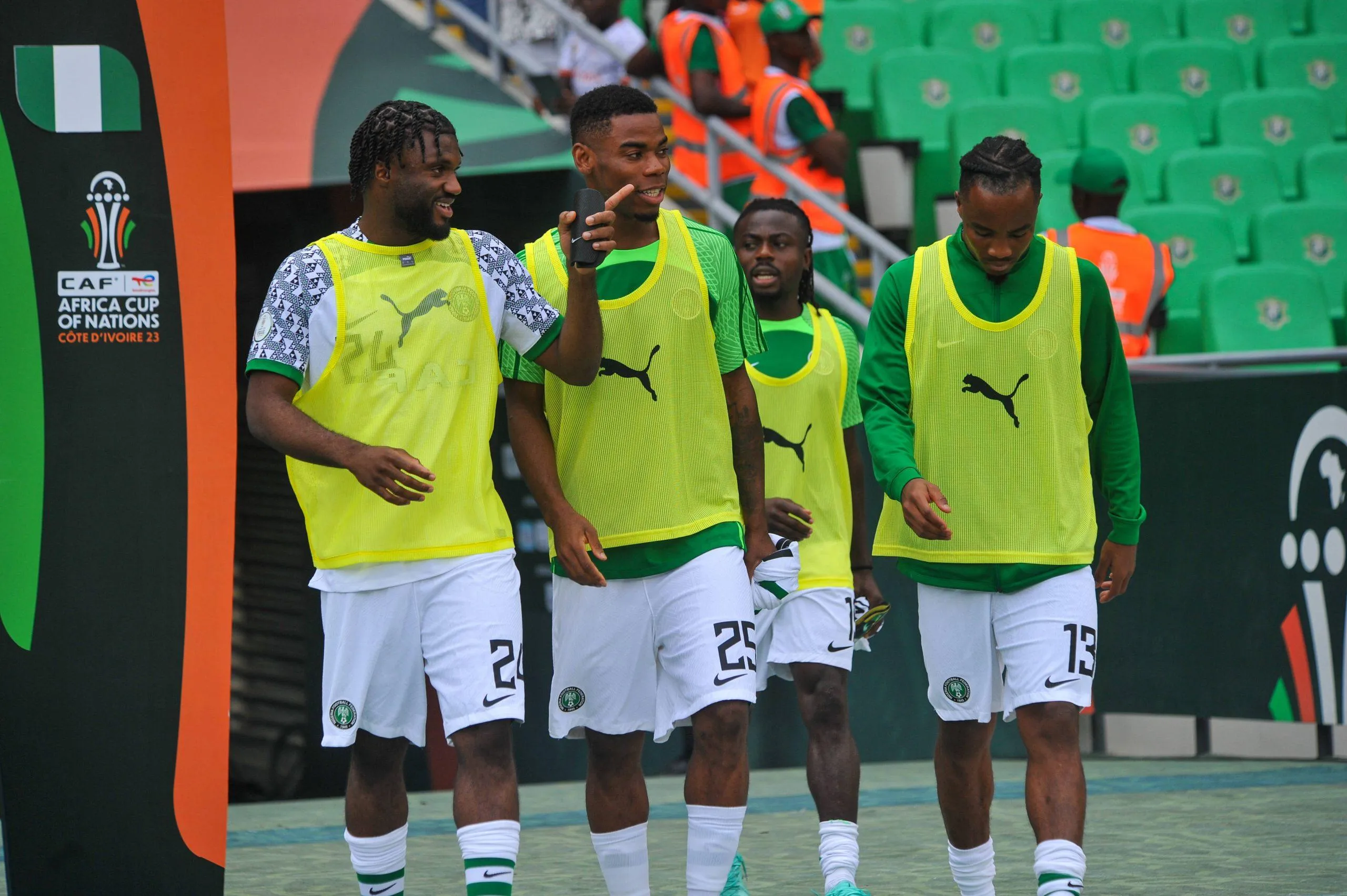 Terem Moffi, Raphael Onyedika Nwadike and Bruno Onyemaechi of Nigeria's Super Eagles
