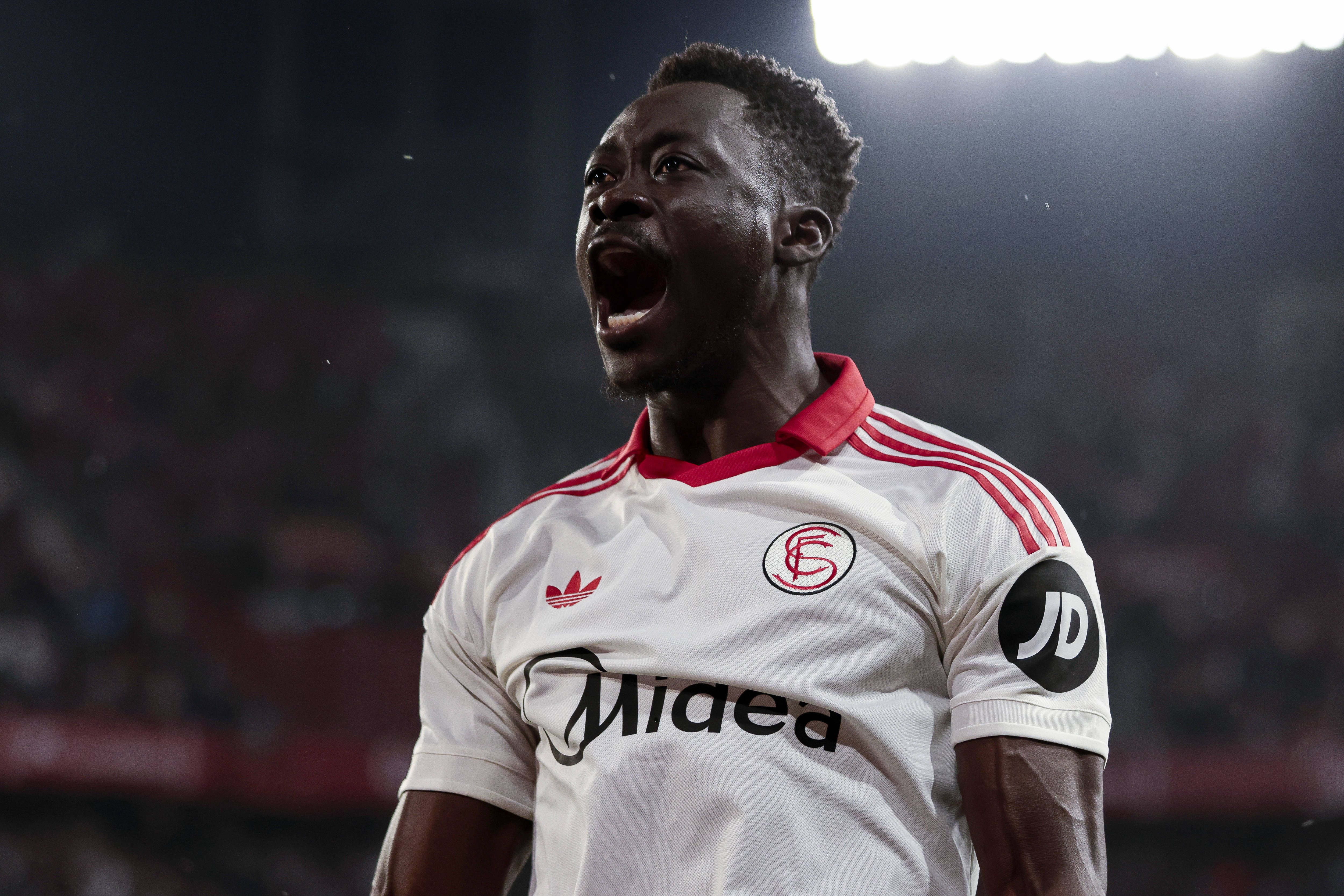 Akor Adams of Sevilla FC celebrates a goal