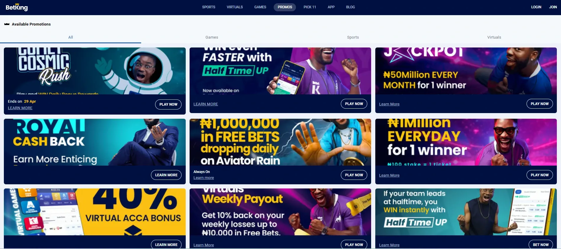 Screenshot of BetKing offers page showing current promotions available to existing players.